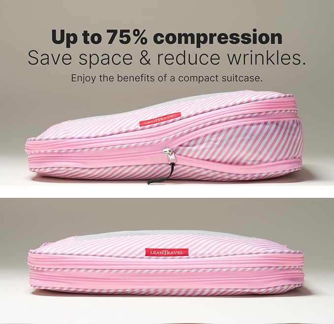LeanTravel Premium Compression Packing Cubes for Travel - Suitcase Organizer Bags with Double Zipper & Breathable Mesh Panel - Space Saving Carry On Luggage Essentials (6-Pack, Pink Stripes) - Image 3