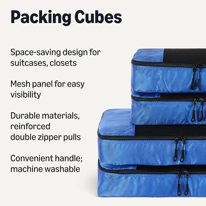 Amazon Essentials 4-Piece Packing Cubes Travel Accessories Set, Space-Saving Luggage Organizer with Double Zipper, Mesh Top, 2 Medium/2 Large, Blue (Previously Amazon Basics) - Image 2