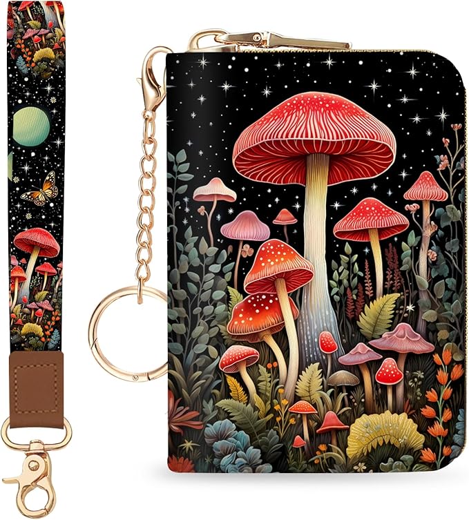 Blusabaca Women Credit Card Holder, Small RFID Wallet with Wristlet Strap | Mushroom, Removable Keychain, Case Zipper, PU Leather, Cash Coin Pocket, Business Purse with Key Lanyard, Ladies Female Gift by Blusabaca