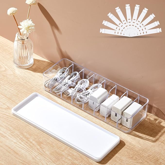 Tatuo 1 Pcs Cord Organizer for Drawer Desktop, Cable Organizer Box with 8 Compartments and Wire Ties, Plastic Charger Storage with Lid, Electronics Case for Home Office Accessories (Small,Clear,White) by Tatuo