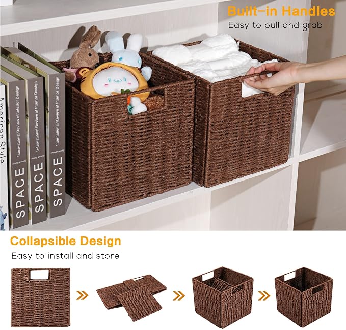 Wicker Storage Basket, Set of 2 Hand-Woven Storage Baskets for Shelves, Foldable Cube Storage Baskets Bins with Handles, 9 inch Small Wicker Baskets for Organizing Pantry Bedroom, Brown - Image 3
