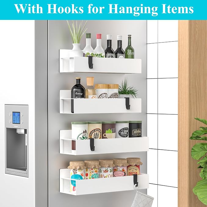 HuggieGems Metal Magnetic Spice Rack for Refrigerator with Hooks White | Magnetic Shelves Heavy Duty for Fridge in Kitchen, Seasoning Storage Organizer, For Oven Washer and Dryer, For Heavier Items - Image 2