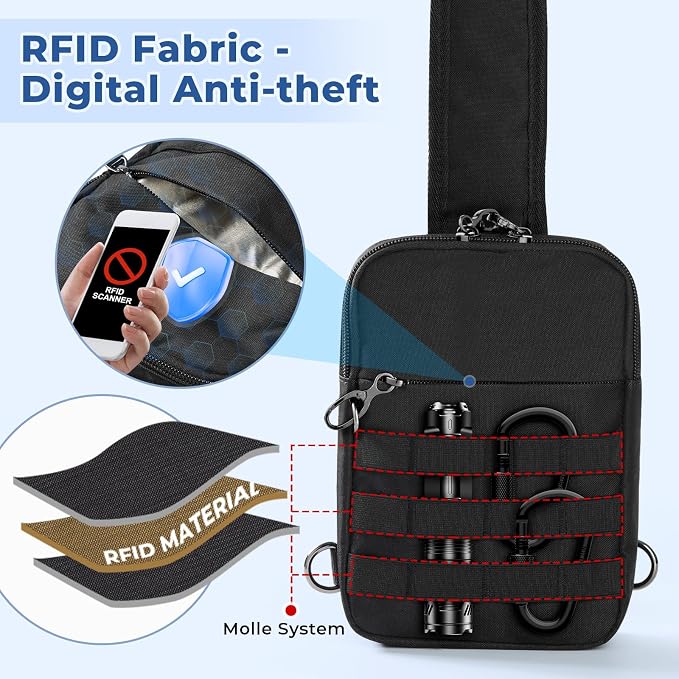 Anti Theft Sling Bag Tactical Small Shoulder Chest Crossbody Bag for Men Women with Zipper Lock RFID Blocking - Image 3