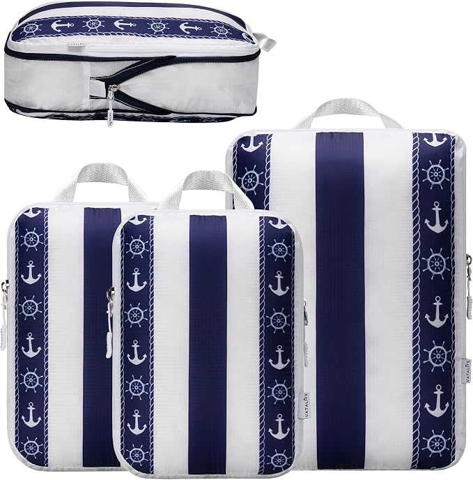 Space Saving Compression Packing Cubes for Kids & Women, Organizer Bags for Kids & Adults, Diaper Bag Organizer Set, Packing Cubes for Travel 3pc Set - Cabana Stripe Navy - Image 6