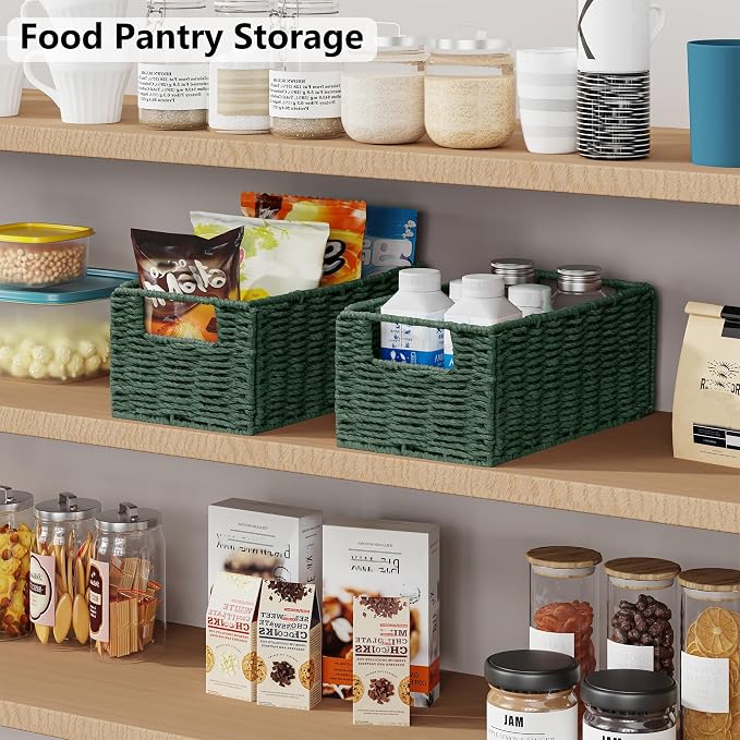 Wicker Storage Basket, Set of 2 Hand-Woven Paper Rope Wicker Basket, Small Storage Baskets for Organizing Toilet Paper, Foldable Small Cube Organizer Bins for Shelves and Bathroom (Green) - Image 3