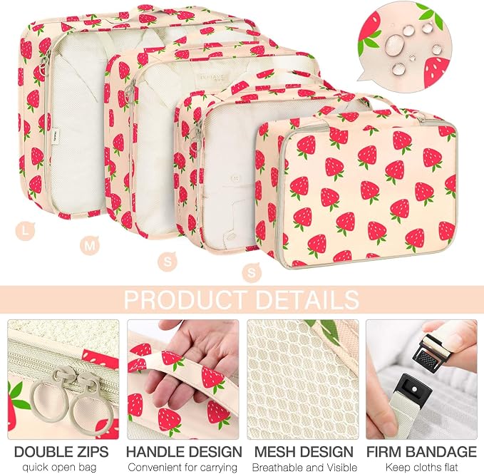 KPX 8 Set Packing Cubes for Travel, Luggage Packing Organizers Accessories Large Toiletries Bag for Clothes Shoes Cosmetics (Strawberry) - Image 3
