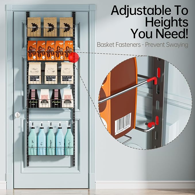 Delamu Adjustable Cabinet Door Organizer, 6 Tier Hanging Spice Rack | Metal Over the Door Pantry Organizer, Pantry Organizers and Storage Shelves for Kitchen Bathroom Laundry Room, Black - Image 2