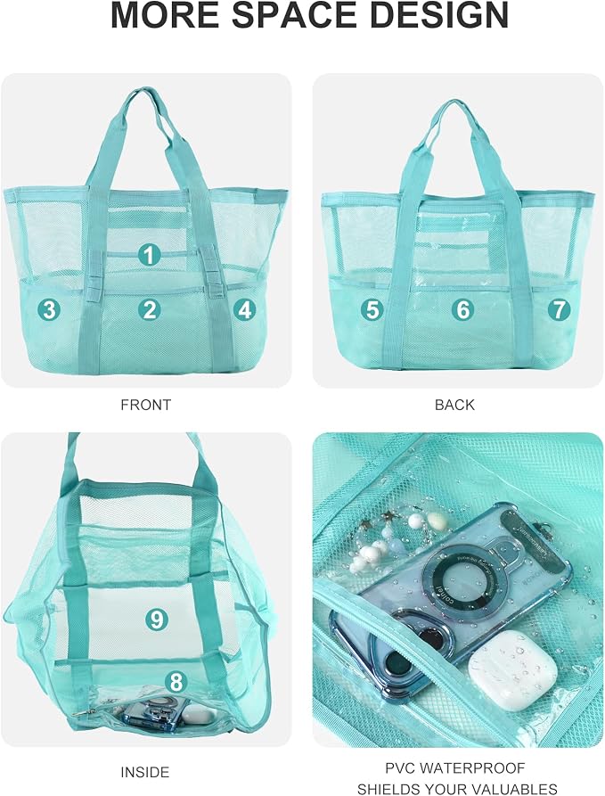 Genteen 40L Mesh Beach Bag, Foldable Sandproof Tote with Waterproof Pocket Quick Dry for Women Family Pool Vacation - Image 4