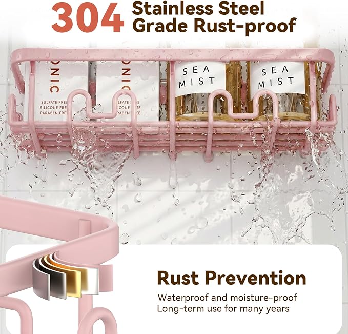 Shower Caddy Adhesive, Rustproof Shower Organizer, Wall Shower Rack | Large Capacity Shower Shelves for Inside Shower, Shampoo Shower Holder, Pink, 3 Caddies, 1 Soap Dish, 1 Toothbrush Holder - Image 5