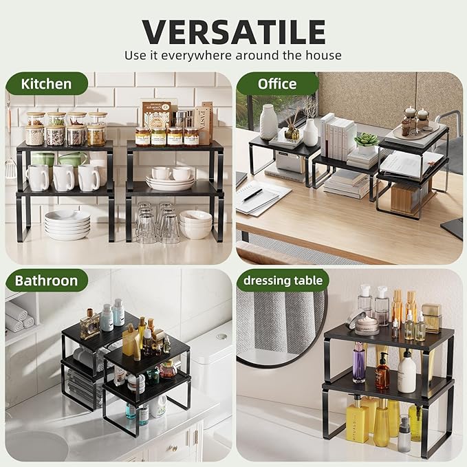 Simple Trending Cabinet Organizer Shelf, Set of 2 Stackable Kitchen Counter Shelves, Expandable Spice Rack Kitchen Storage Riser, Metal Engineered Wood, Black - Image 6