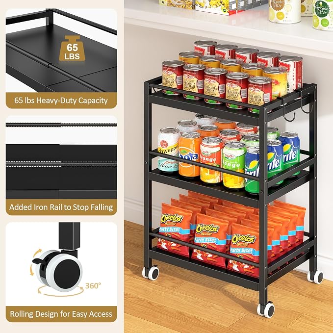 3-Tier Expandable Rolling Pantry Organizers and Storage Cart with Wheels, Adjustable Pantry Floor Organizer, Snack Cart for Pantry, Kitchen Storage Cart with 4 Hooks for Snack, Food, Vegetables, Black - Image 4
