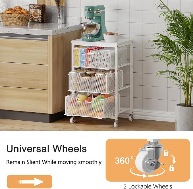 Kitchen Cart with Storage, 3-Tier Pantry Organizer and Storage Cart with Drawer, Fruit Vegetable Storage Cart with Wheels, Wooden Top Metal Wire Kitchen Organizer Rack Stand for Snack Onion Potato - Image 2