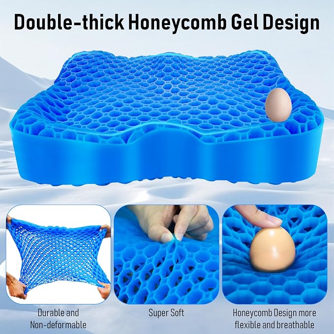 Gel Seat Cushion, Thickened Big Breathable Honeycomb Design Absorbs Pressure Points Gel Cushion with Anti-Slip Cover Seat Cushion for Office Chair Home Car Seat Cushion for Wheelchair - Image 4