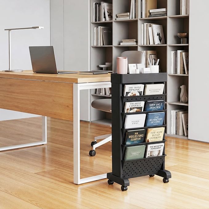 BYFU 6-Tier Rolling Bookshelf Cart, Black | Movable with Wheels, File Paper Storage Organizer, For Home Office Study Classroom - Image 2