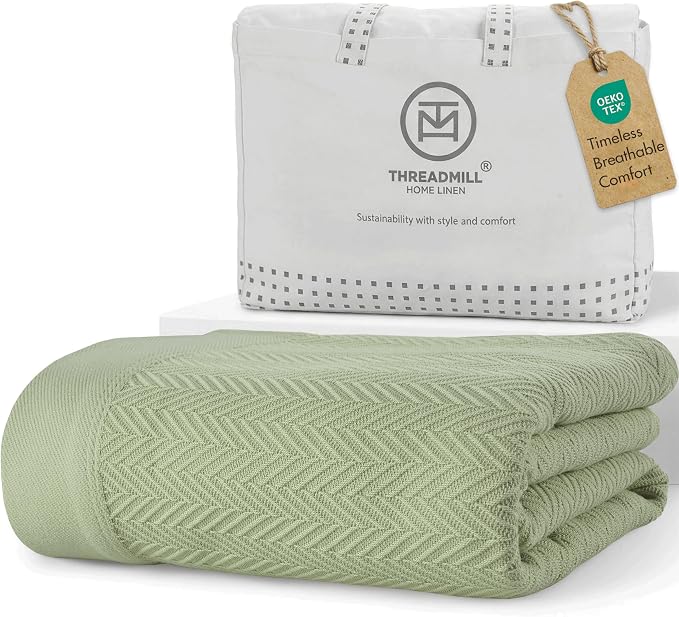 Threadmill Cotton Twin Blanket, Herringbone, Sage Green, 68x92 in | 100% Cotton, Herringbone Pattern, 350 GSM, 68x92 in, Breathable, All-Season, OEKO-TEX Certified, Machine Washable by ThreadmillHomeLinen