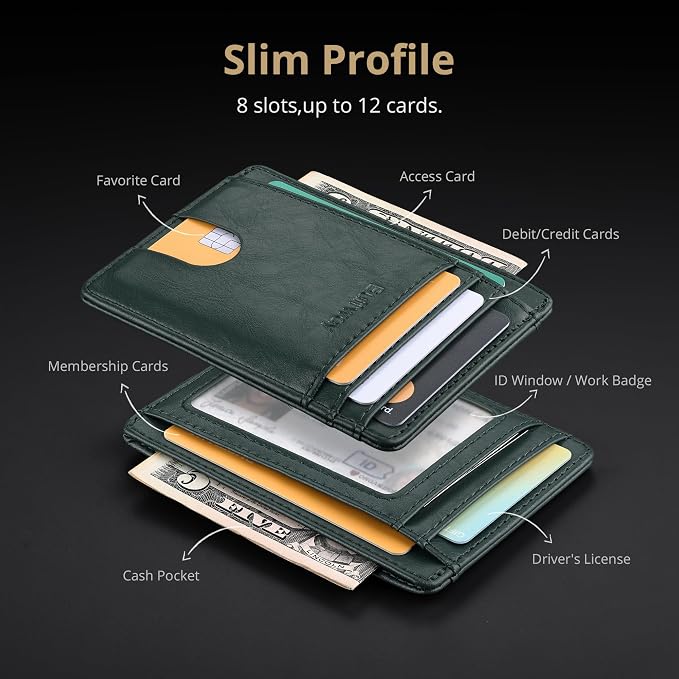 Buffway Slim Minimalist Front Pocket RFID Blocking Leather Wallets for Men and Women - Alaska Green - Image 4
