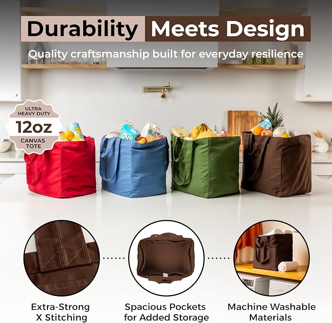 VeraMia Canvas Grocery Bag 3pc XL Set with Real Pockets, Long Shoulder Strap and Short Handle. Heavy Duty, Foldable, Washable - Image 4