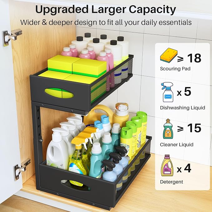 Under Sink Organizer, 2 Tier Pull Out Under Cabinet Organizer Shelf with Pad for Framed Cabinets, Metal Slide Out Under Sink Storage, Mesh Sliding Drawers for Kitchen Bathroom Laundry(Black, 1 Pack) - Image 4