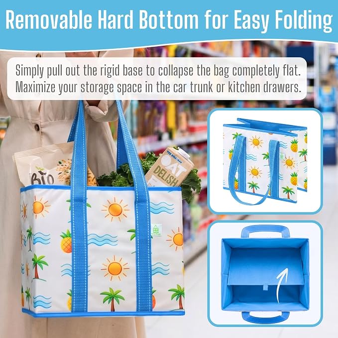 VENO 3 Pack Reusable Grocery Shopping Bags Utility Tote w/Sturdy Handles | Heavy Duty Storage Box with Hard Bottom, Foldable Picnic Basket for Groceries Shopping Cart Trunk(Tropical Island, 6 Gallon) - Image 4