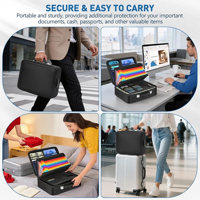 Fireproof Document Box with Combination Lock, Waterproof, Used for Storing Important Files, Certificates, Passport, Portable Travel Safe Hard Case Document Organizer (Black) - Image 7