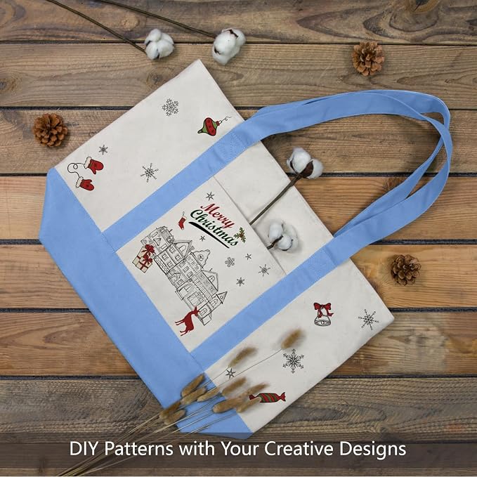 TOPDesign 1-Pack Canvas Tote Bag with an External Pocket, Reusable Grocery Shopping Bag, Top Zipper Closure, Daily Essentials (Light Blue/Natural) - Image 3