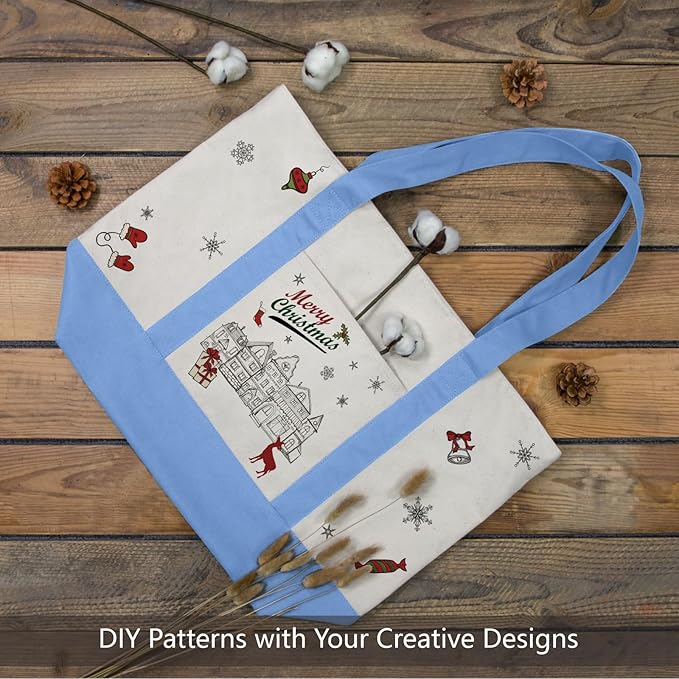 TOPDesign 6-Pack Canvas Tote Bags with an External Pocket, Reusable Grocery Shopping Bags, Top Zipper Closure, Daily Essentials (Light Blue/Natural) - Image 3
