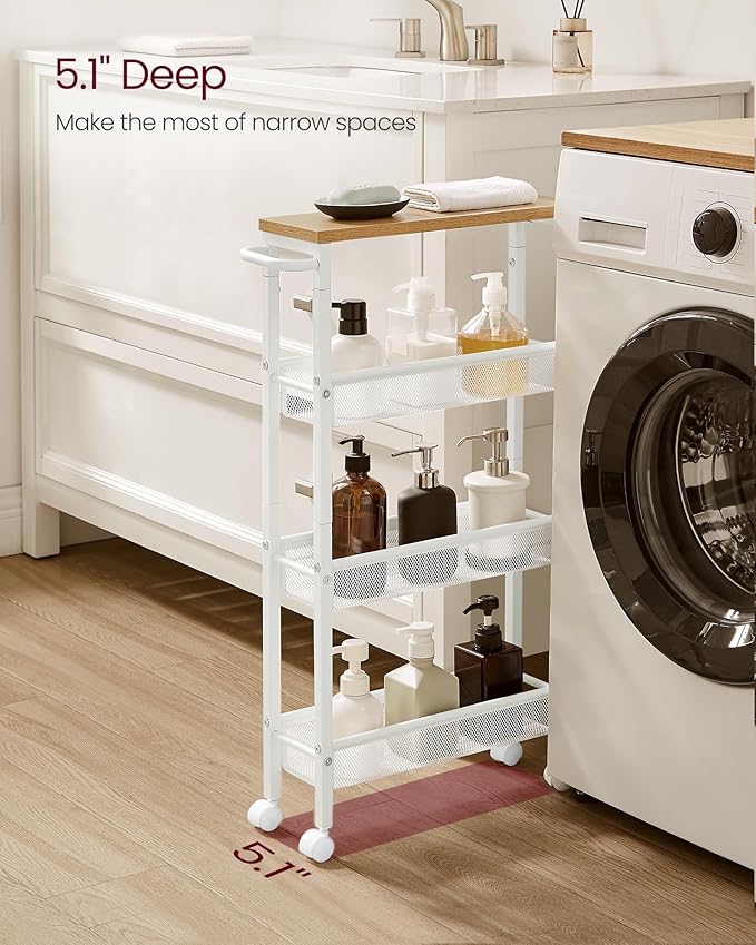 VASAGLE Slim Rolling Cart, 4-Tier, 5.1 Inches Deep, Steel Frame | Storage Cart with Handle, Narrow for Kitchen, Living Room, Golden Oak and Matte White, DACEY Collection ULRC032W09 - Image 3