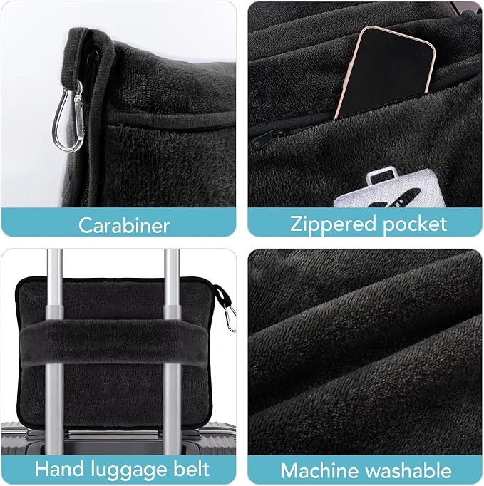 Travel Pillow and Blanket 2-in-1 Set Airplane Black 60x50 Inch | Plane Packable , Soft Warm and Lightweight Flannel, Hand Luggage Sleeve and Backpack Clip, Plane Flight Car Trips - Image 7