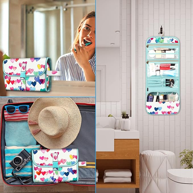 FINTIE Portable Toiletry Cosmetic Travel Bag Hanging Makeup Organizer | Large Water Resistant Storage Pouch Case, For Women Girls, Raining Hearts - Image 6