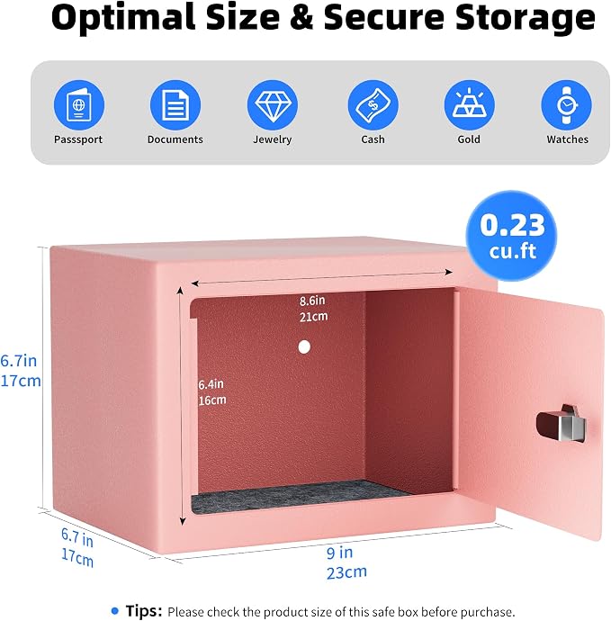 CDC DIGI Steel Security Safe Box with Key Lock,Safe Box for Home, Office, Money, Jewelry, Documents and Valuables, 0.23 Cubic Feet, 9.06" W x 6.69" D x 6.69" H, Pink - Image 2