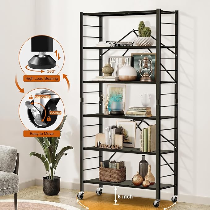 Himix 6-Tier Foldable Storage Shelves with Wheels Adjustable Kitchen Black | Folding shelving units, Metal collapsible organization, Metal shelf, Changeable into 2 shelf units, Garage - Image 7