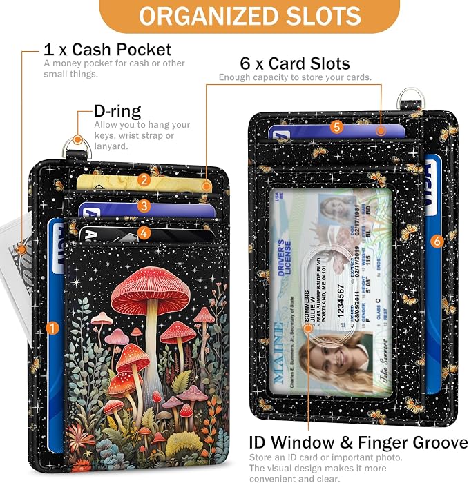 Yonlevres Mushroom Credit Card Holder Slim RFID Wallet Women Small Travel | Front Pocket, Handy, RFID Blocking, Woman Girls Ladies Gifts, D-ring for Keychain,Thin Mini Card Case, ID Window, PU Leather - Image 4