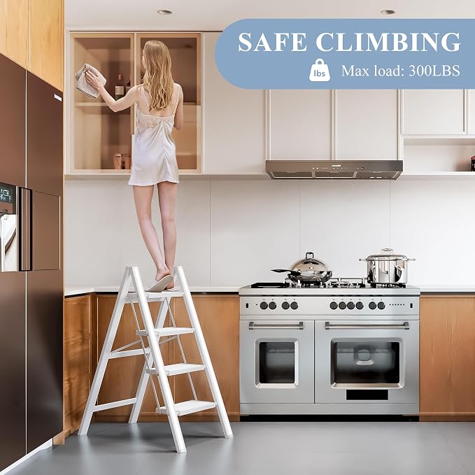 4 Step Ladder, Foldable Aluminum Step Stool with Anti-Slip Pedal | Lightweight yet Sturdy, Portable, Non Slip Feet, 300Lbs Capacity, Elegant Look, for Kitchen, Closet, Pantry, White - Image 5