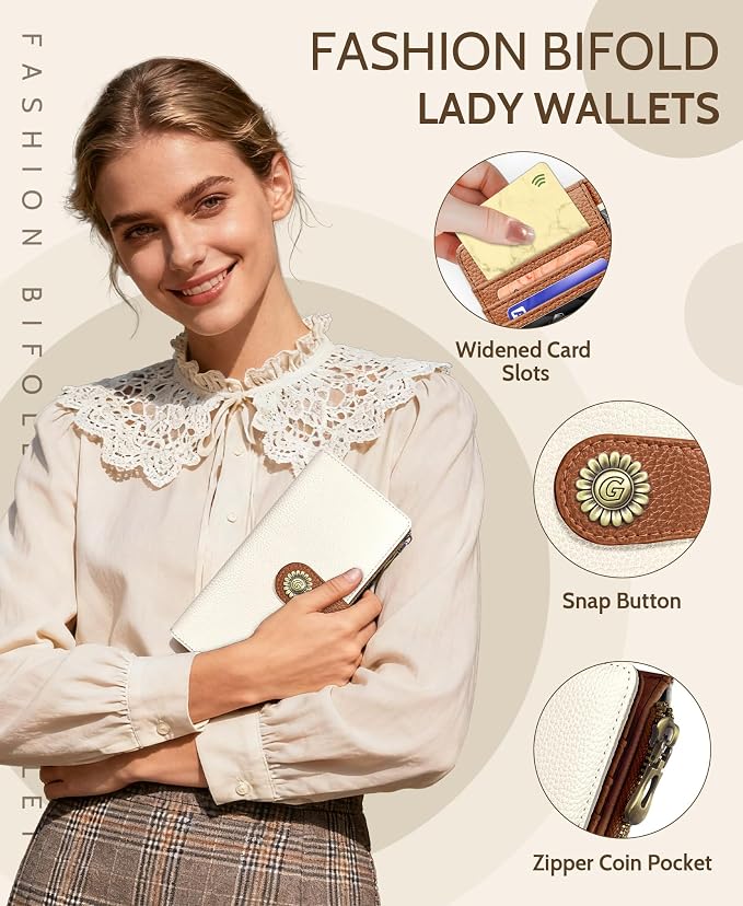 GIANCOMICS White Caramel Womens Wallet RFID, Long Credit Card Holder Bifold | Billfold, Cute Cash Purse, Travel Zipper Coin Pocket, Compact Clutch, PU Leather, ID Window, 11 Card Slots, Ladies Gift Woman - Image 6