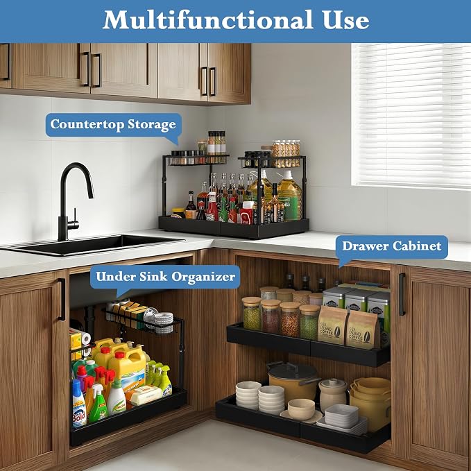 Aisslro Under Sink Organizer, 2 Tier Pull Out Cabinet Organizer, Expandable & Adjustable Slide Out Shelf 13.2''–20.3'', Under Sink Storage for Kitchen Bathroom Laundry Cabinet Storage, Black - Image 7