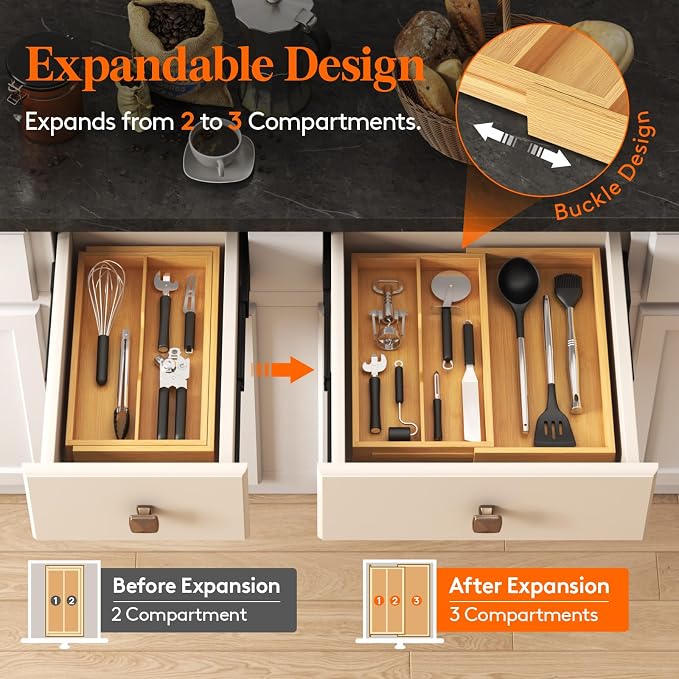 Lifewit Bamboo Utensil Organizer for Kitchen Drawer, Cooking Utensil Tray | Expandable Cutlery Silverware Flatware Holder, Wood Adjustable Spatula Tools Storage Divider, 8.9-15.8 x 15.75", Natural - Image 5