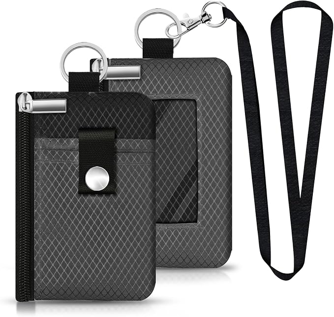 Minimalist RFID Blocking Small Wallet with ID Window,WaterResistant Zip Id Case Wallet with Lanyard Keychain for Cards,Cash,Travel,Women,Men (DarkGrey/Black) - Image 3