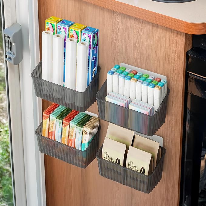 NiHome 4-Pack Cabinet Door Organizer, Adhesive RV Camper Wall Storage Caddy | No-Drill Plastic Bin With Drain Holes For Kitchen Bathroom Pantry Organization, Space Saving Small Item Holder, Medium, Gray - Image 4