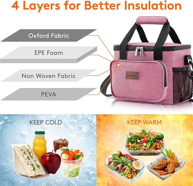 Lifewit Medium Lunch Bag, Insulated Lunch Box, Soft Cooler Cooling Tote for Adult Men Women, Pink 12-Can (9L) - Image 2