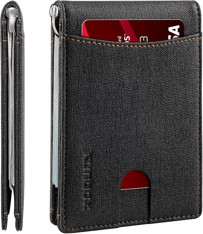 RUNBOX Slim Wallet for Men Genuine Leather RFID Blocking Bifold Minimalist Front Pocket Mens Wallet with Money Clip Thin Gift Box by RUNBOX