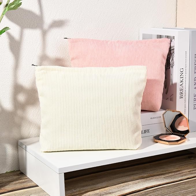 SOIDRAM 2 Pieces Corduroy Makeup Bag Large Corduroy Cosmetic Bag Capacity Canvas Travel Toiletry Bag Organizer Cute Makeup Brushes Aesthetic Accessories Storage Bag for Women, Corduroy L White Pink - Image 6