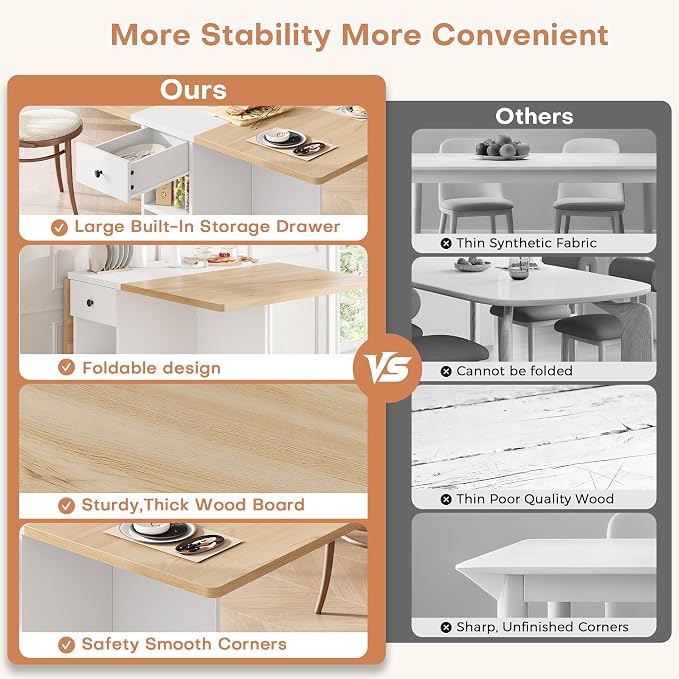 Jocoevol Folding Dining Table for Small Spaces, Foldable Kitchen Table with Drawer, 2-Tier Storage Shelf & Wheels, Space Saving Dining Table for 2 4, Farmhouse, Natural - Image 4