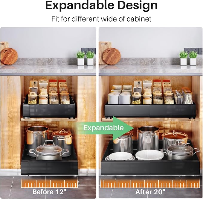 4 Pack Pull out Cabinet Organizer, Expandable(12"-20") Heavy Duty Slide out Drawer Fixed with Adhesive Nano Film for Pots, Roll out Shelf Storage for Kitchen Organization, Pantry, Bathroom(Black) - Image 8
