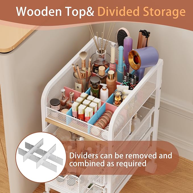 Rolling Makeup Cart Organizer with 3 Drawers, 4-Tier Narrow Floor Skincare Organizers with dividers, Vanity Organizer Cosmetics Display Cases for Makeup Brush, Hair Tool, White - Image 2