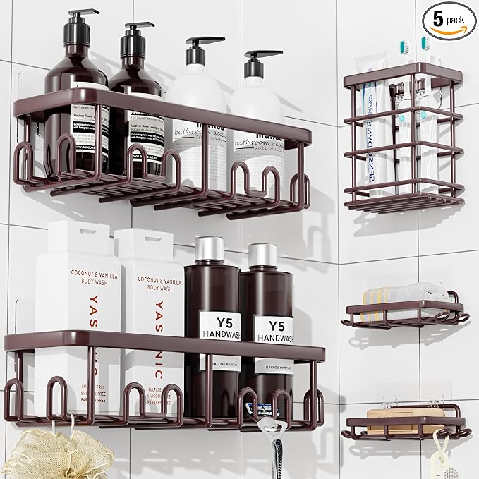 Shower Caddy Adhesive, Rustproof Shower Organizer, Wall Shower Rack | Large Capacity Shower Shelves for Inside Shower, Shampoo Shower Holder, Bronze, 2 Caddies, 2 Soap Dishes, 1 Toothbrush Holder by YASONIC