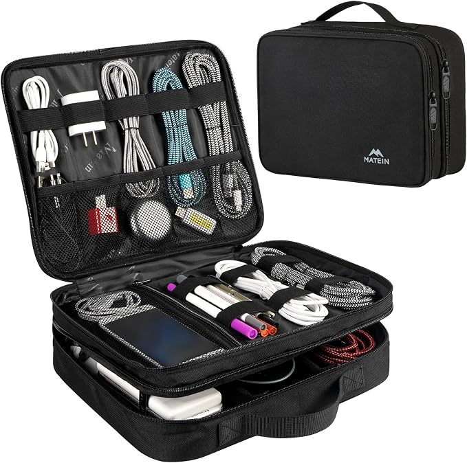 MATEIN Cable Organizer Bag, Large Travel Storage Bag, Sturdy Tool Case | with Handle, Carrying Case for Phone, Cord, Electronics Accessories, Tablet (Up to 12.9inch), Powerbank, Hard Drive, Black by MATEIN