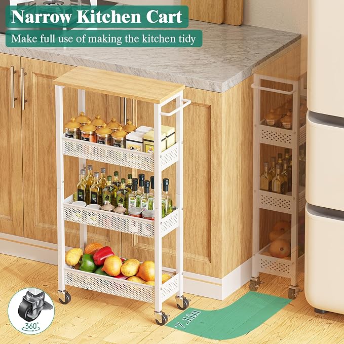 Slim Rolling Storage Cart 4 Tier Bathroom Organizer Mobile Shelving Unit Utility Cart with Wood Top and Handle for Kitchen Laundry Narrow Places, White - Image 2