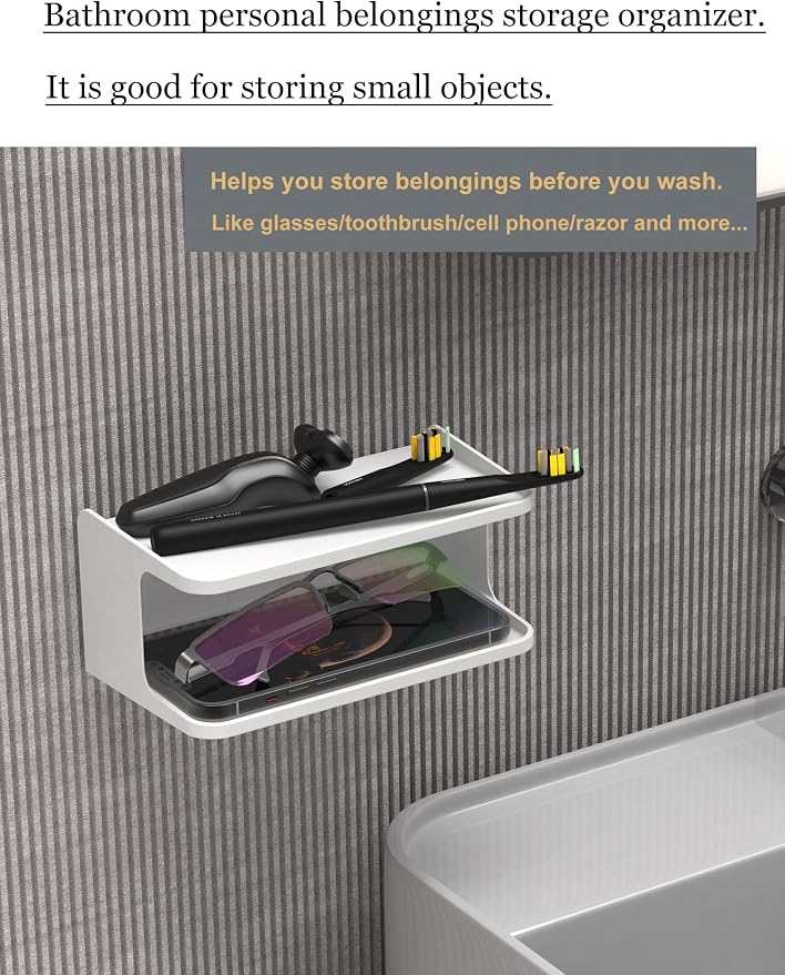 Bedside Wall Shelf Organizer, Small Bedside Shelf, (White) | Wall Mount for Bed, Stick on Wall Shelf, Double Tray Holder for Storing Cellphone, Glasses, Keys, Camera , Alarm Clock - Image 4