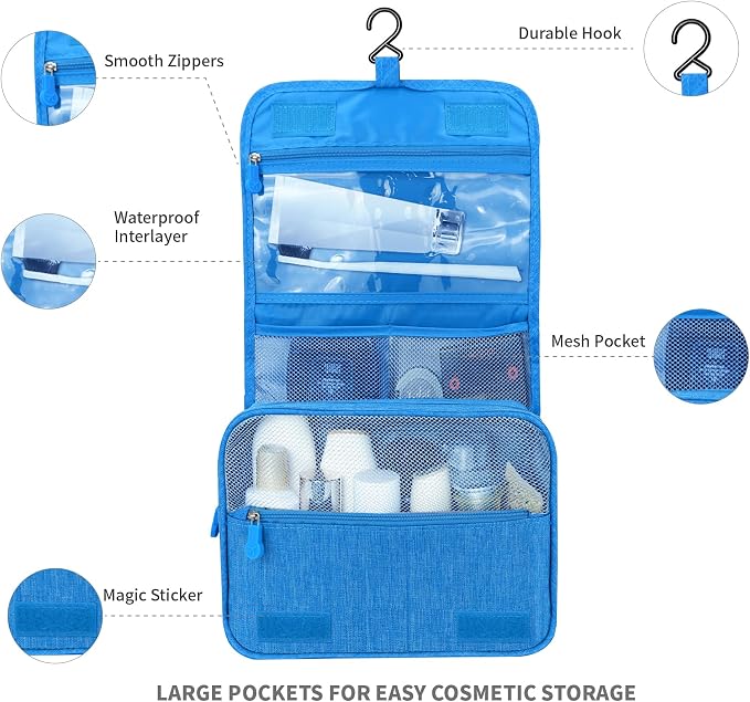 Lcsmaokin Large Capacity Toiletry Bag Travel Bag with Hanging Hook for Men and Women Waterproof Travel Cosmetic Bag Bathroom Storage Bag for Brushes Set, Full-Sized Shampoo, Toiletries, (Sky Blue) - Image 2