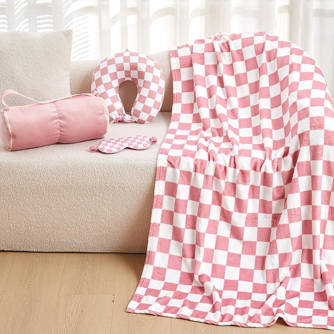 HunnmingRe 5 Pcs Travel Pillow and Blanket Set, 5 in 1 Travel Airplane Compact Includes 40 x 60 Inch Throw Blanket Eye Mask Neck Pillow Earplug and Bag Gifts for Travelers Women(Checkered,Pink) - Image 6